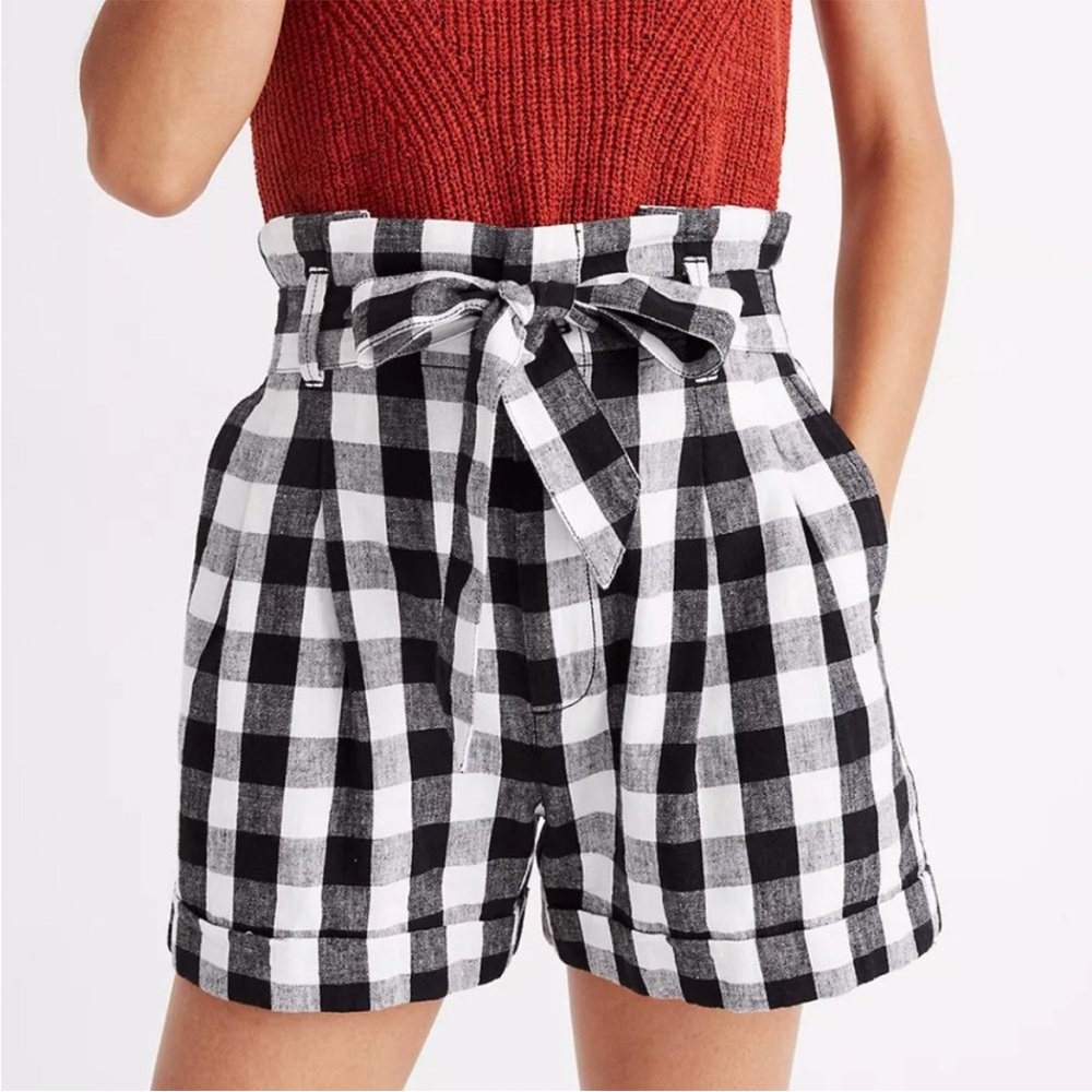 Madewell Gingham Check Linen Paper Bag Tie Belt Shorts Black and White sz 0